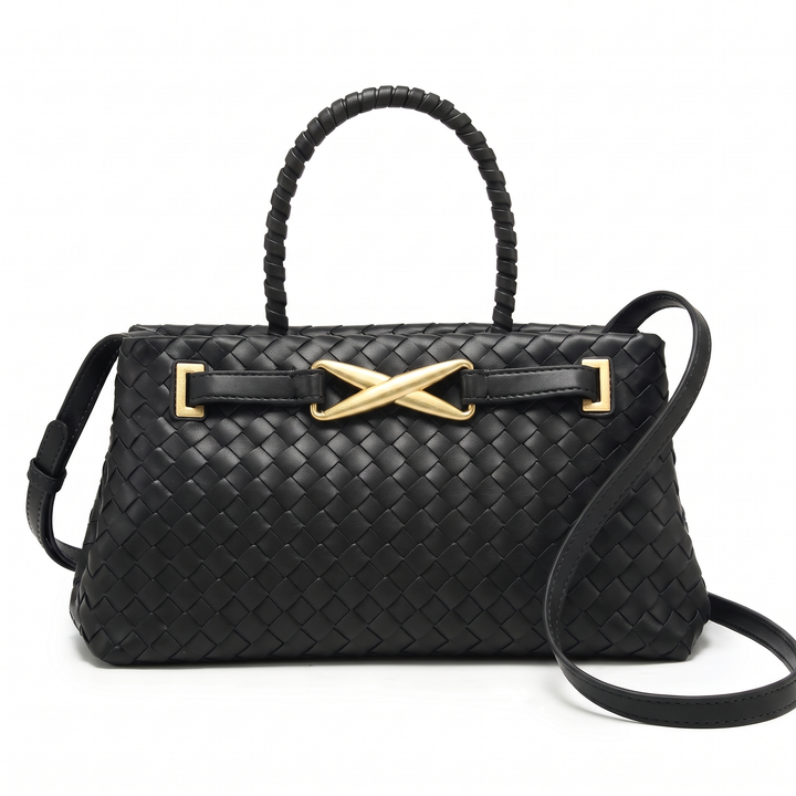 Women's Woven Faux Leather Pleated Structured Bag – Olive Green Everyday Casual Handbag — Black