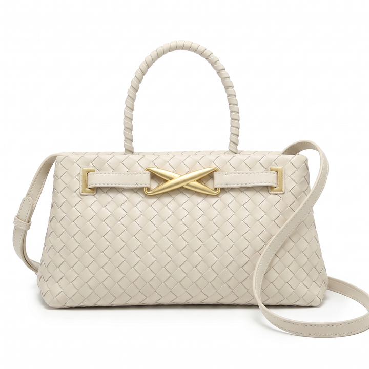 Women's Woven Faux Leather Pleated Structured Bag – Olive Green Everyday Casual Handbag — Off White