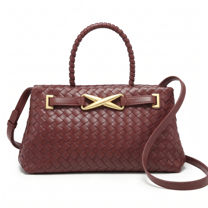 Women's Woven Faux Leather Pleated Structured Bag – Olive Green Everyday Casual Handbag — Wine Red