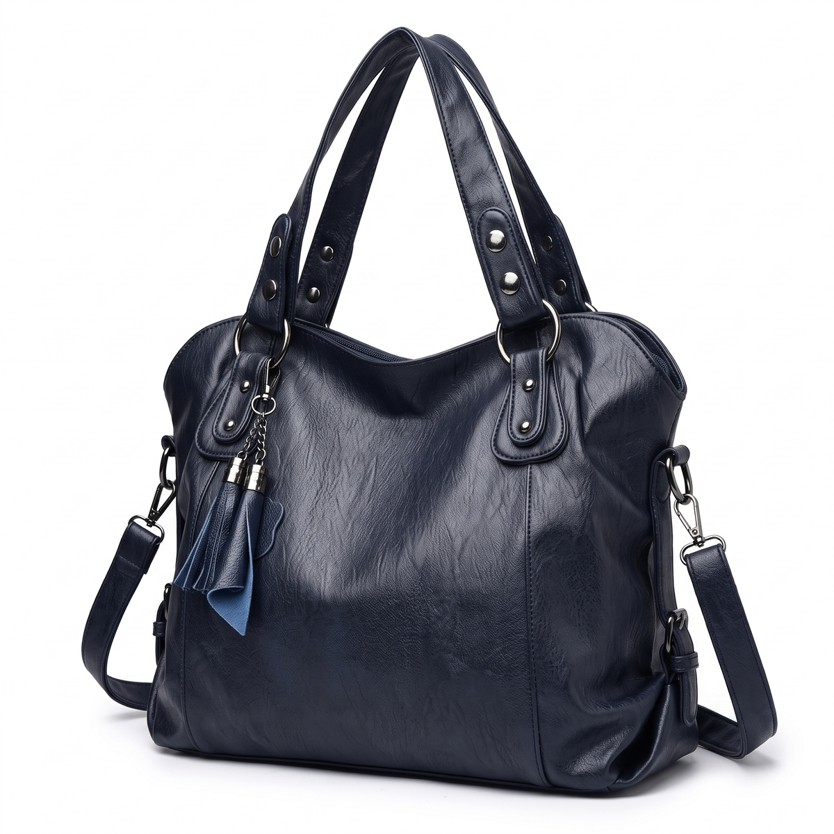 Women's Slouchy Faux Leather Fringe Charm Hobo Bag, three-quarter view