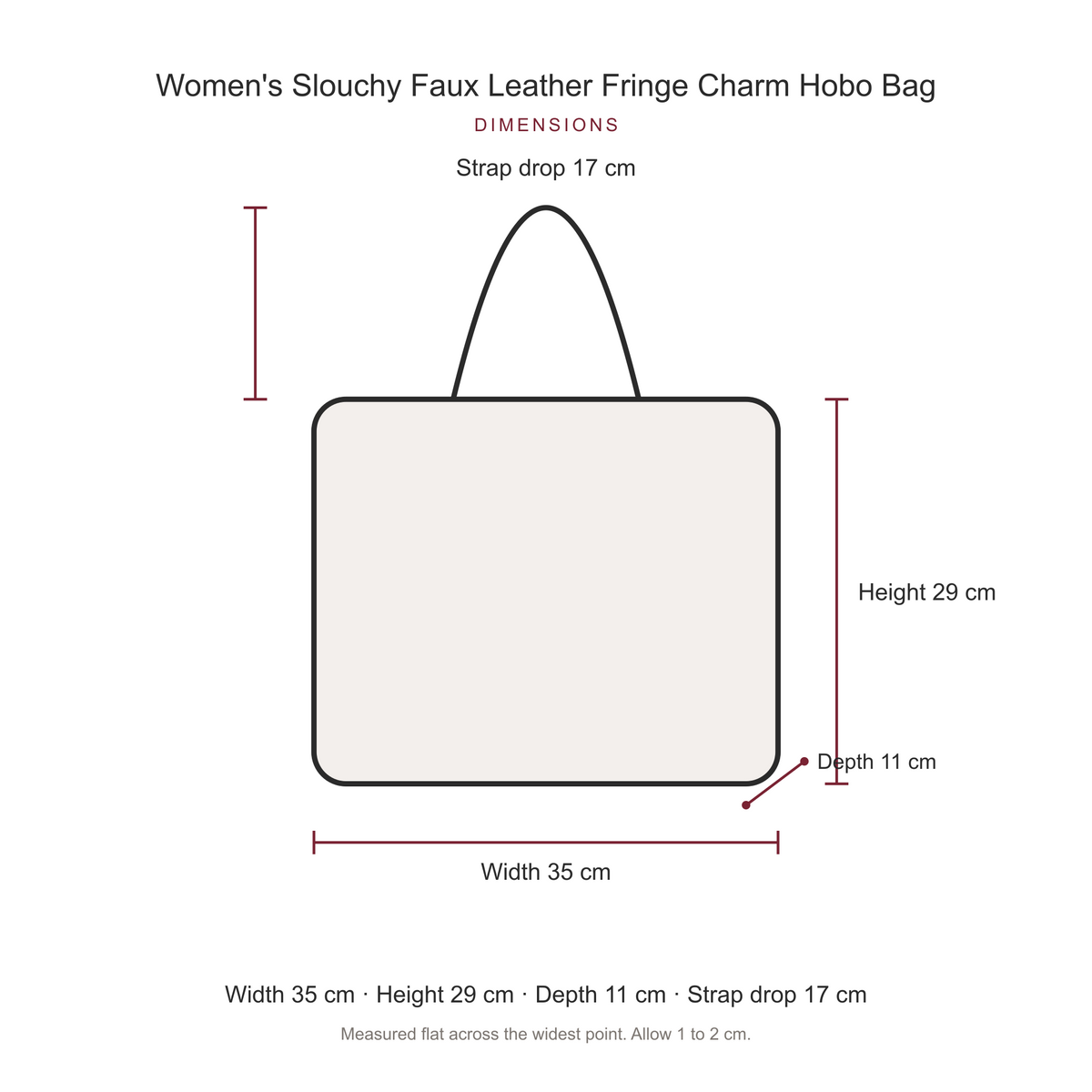 Women's Slouchy Faux Leather Fringe Charm Hobo Bag, dimensions