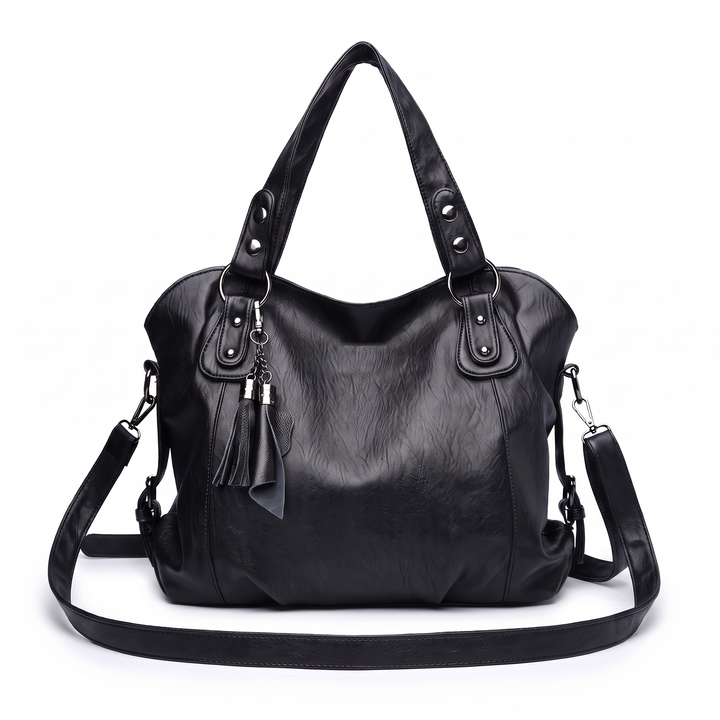 Women's Slouchy Faux Leather Fringe Charm Hobo Bag – Navy Blue Evening Out Shoulder Bag — Black
