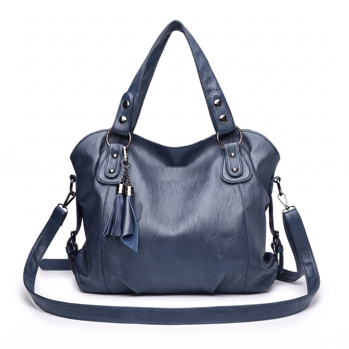 Women's Slouchy Faux Leather Fringe Charm Hobo Bag – Navy Blue Evening Out Shoulder Bag — Slate Blue