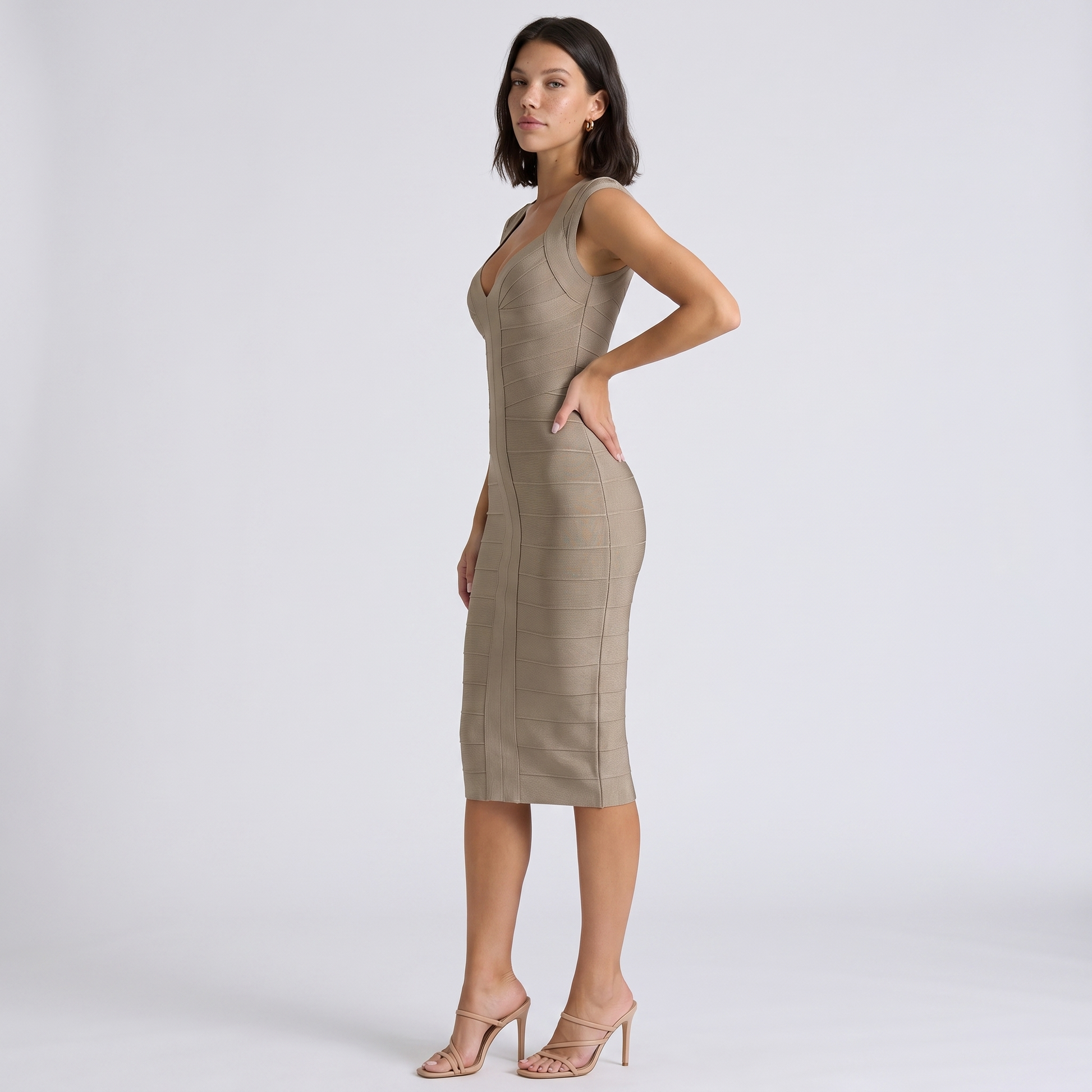 Sunoire new sell well sexy sleeveless slim midi dress women chic solid v neck sling bandage dresses lady evening party vestidos front hero 01