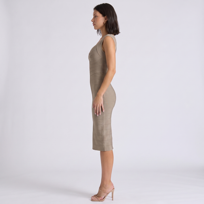 Sunoire new sell well sexy sleeveless slim midi dress women chic solid v neck sling bandage dresses lady evening party vestidos side view 01