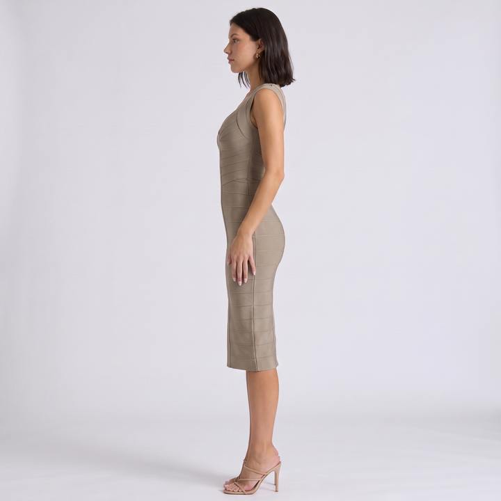 Sunoire new sell well sexy sleeveless slim midi dress women chic solid v neck sling bandage dresses lady evening party vestidos side view 01