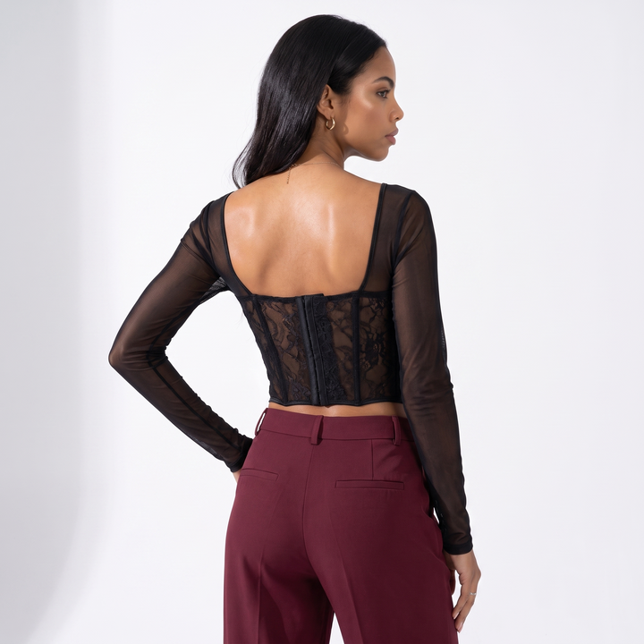 Sunoire new sexy hot girl lace solid color fishbone autumn long sleeve women s top 60933 top back crop 01