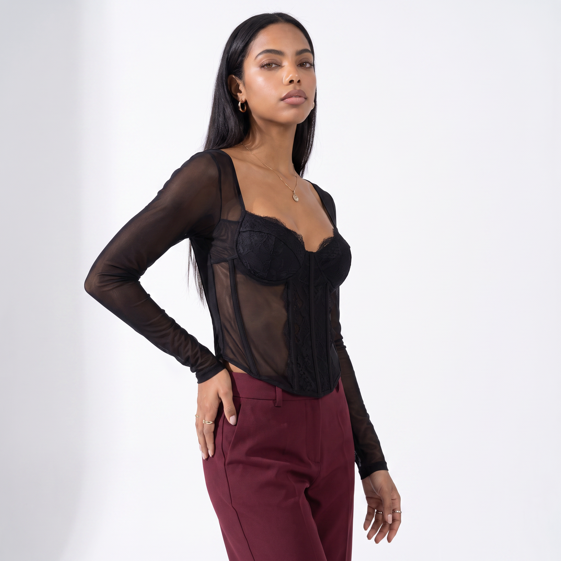 Sunoire new sexy hot girl lace solid color fishbone autumn long sleeve women s top 60933 top crop 3q 01