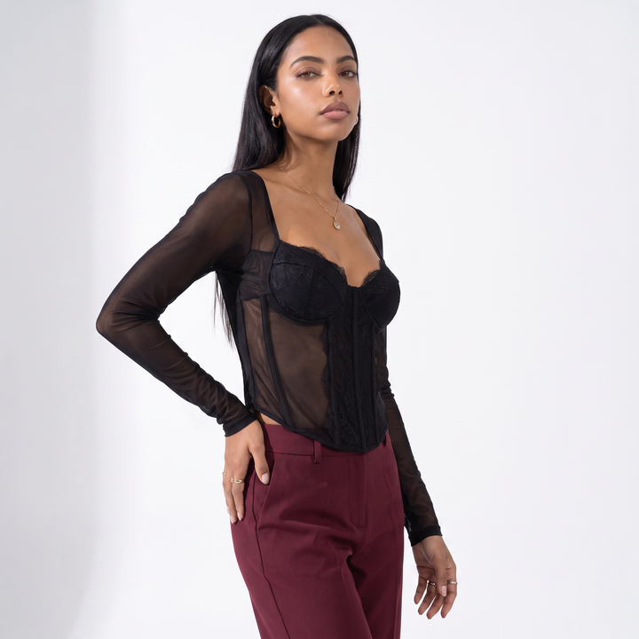 Sunoire new sexy hot girl lace solid color fishbone autumn long sleeve women s top 60933 top crop 3q 01