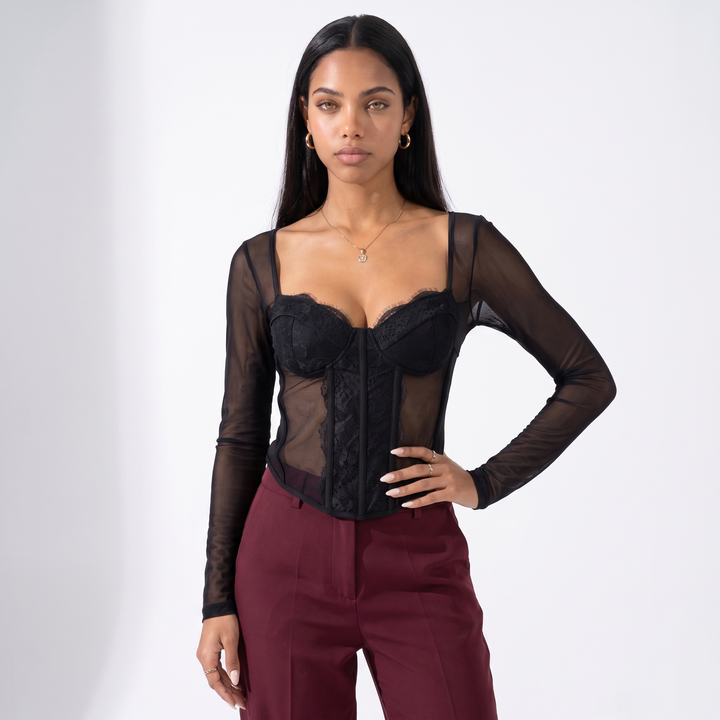 Sunoire new sexy hot girl lace solid color fishbone autumn long sleeve women s top 60933 top front crop 01