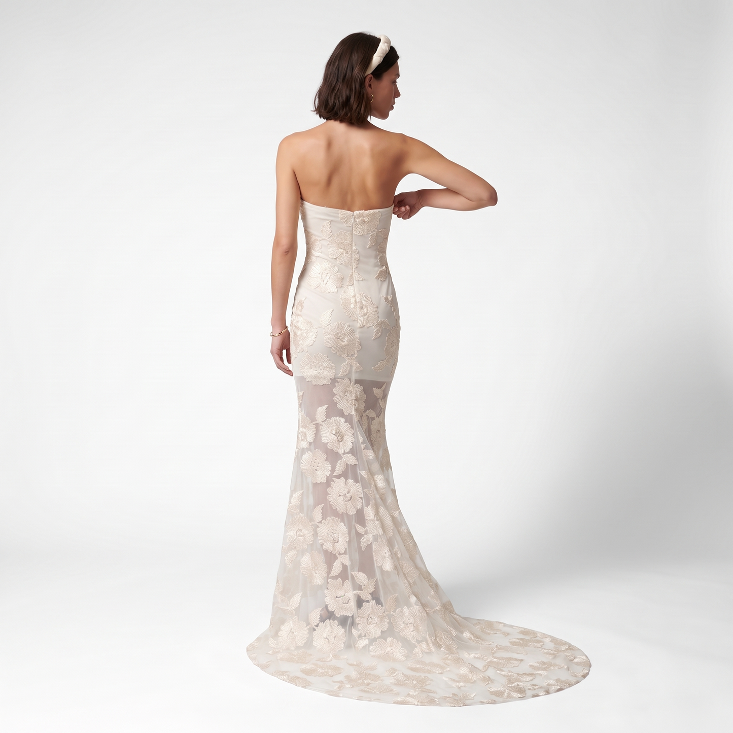 Sunoire new sexy lace 3d flower mermaid maxi dress women sleeveless embroidered floral long dress elegant evening party wedding gowns back view 01