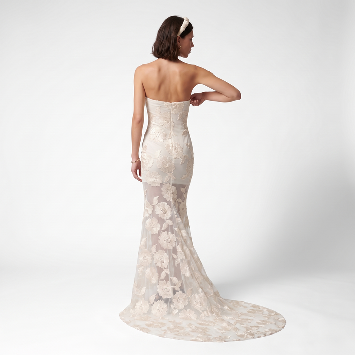 Sunoire new sexy lace 3d flower mermaid maxi dress women sleeveless embroidered floral long dress elegant evening party wedding gowns back view 01