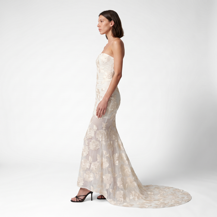 Sunoire new sexy lace 3d flower mermaid maxi dress women sleeveless embroidered floral long dress elegant evening party wedding gowns side view 01