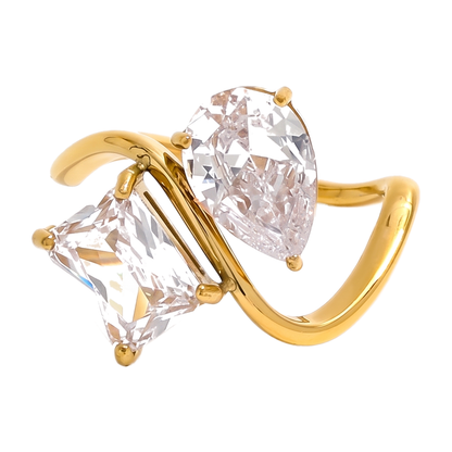 Sunoire trendy fashion ring with water drop rectangle zircon 18k gold plated high end stainless steel for gift 01 flatlay gold