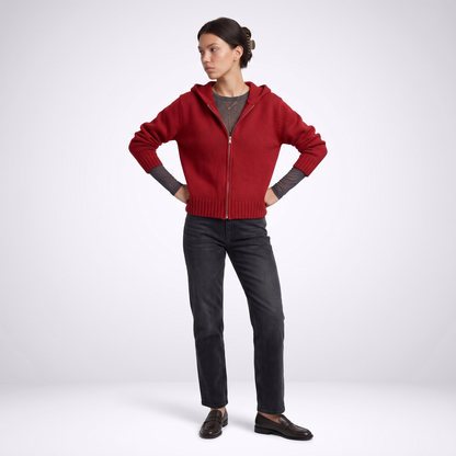 Sunoire nnr custom wholesale lady crew neck solid color knitwear autumn long sleeve zipper coat knitted sweater colorway red front hero 01