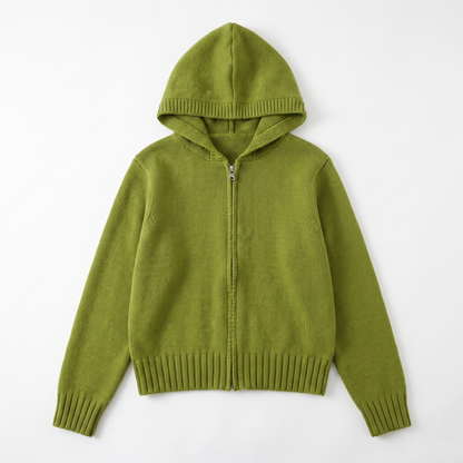 Sunoire nnr custom wholesale lady crew neck solid color knitwear autumn long sleeve zipper coat knitted sweater garment flatlay 01