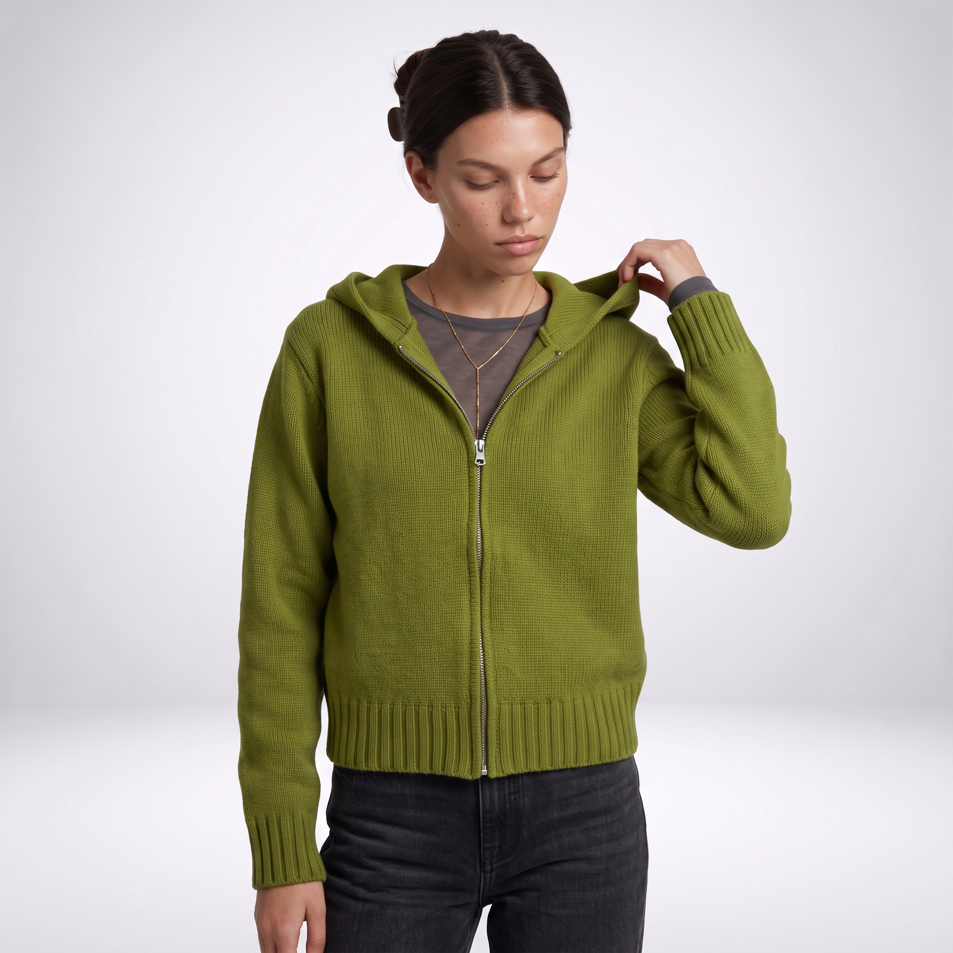 Sunoire nnr custom wholesale lady crew neck solid color knitwear autumn long sleeve zipper coat knitted sweater top front crop 01
