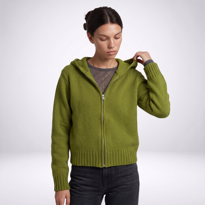 Sunoire nnr custom wholesale lady crew neck solid color knitwear autumn long sleeve zipper coat knitted sweater top front crop 01