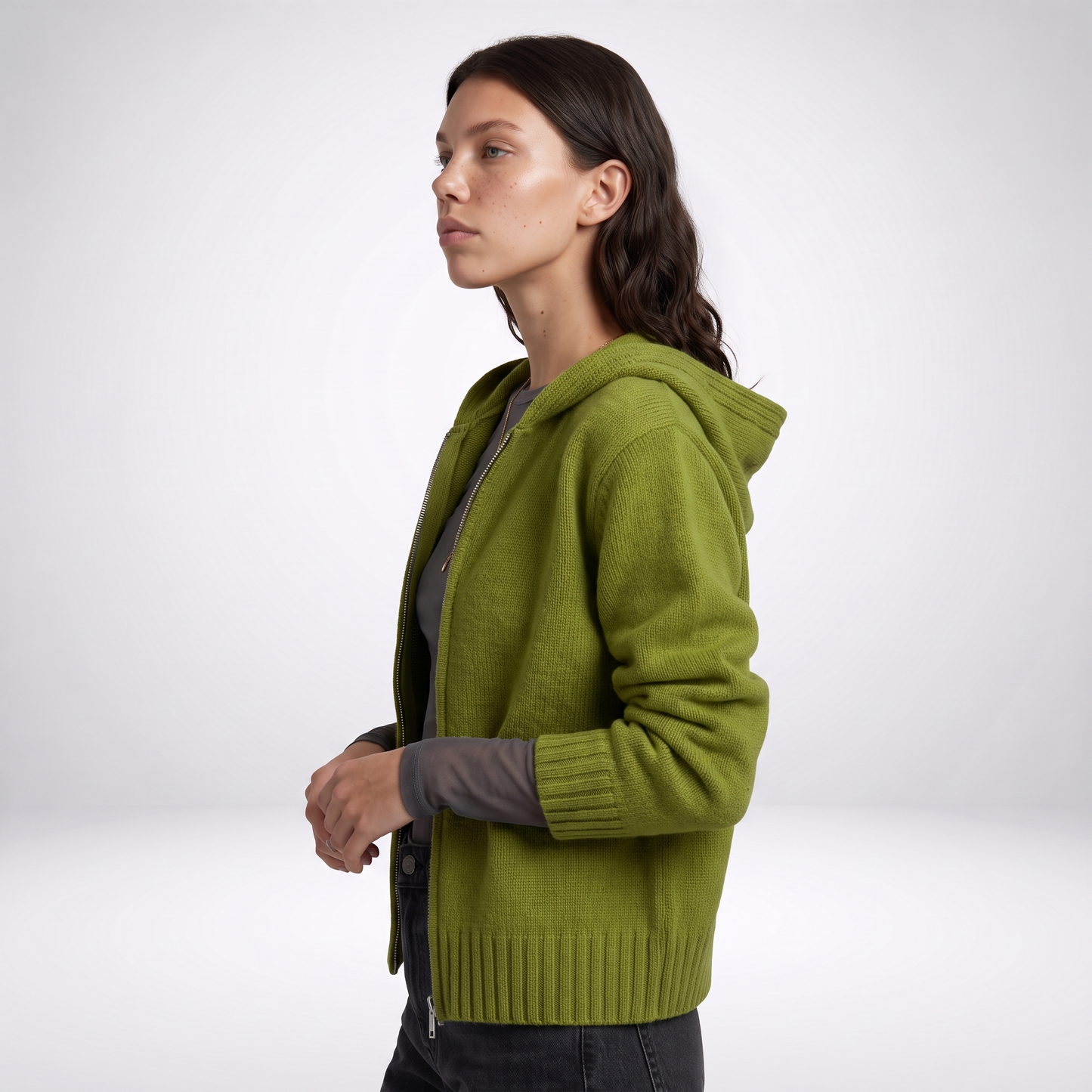 Sunoire nnr custom wholesale lady crew neck solid color knitwear autumn long sleeve zipper coat knitted sweater top side crop 01