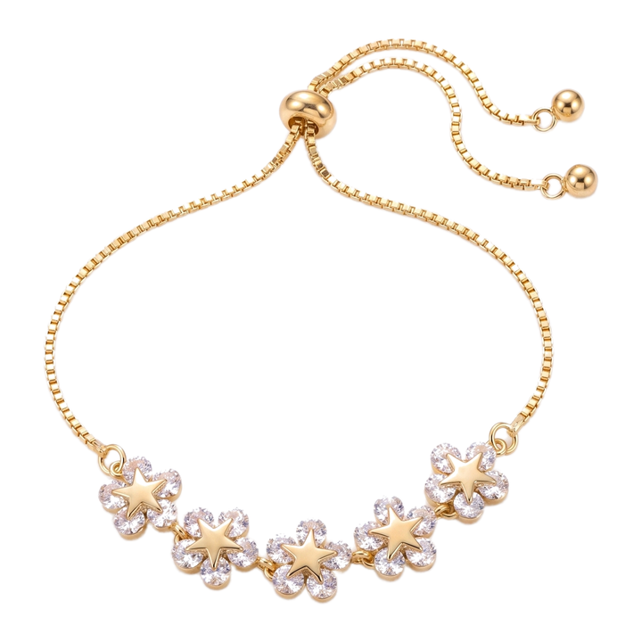 Sunoire europe america women fashion simple adjustable gold plated zirconia flower bracelet personalized design jewelry for party gifts 01 flatlay gold