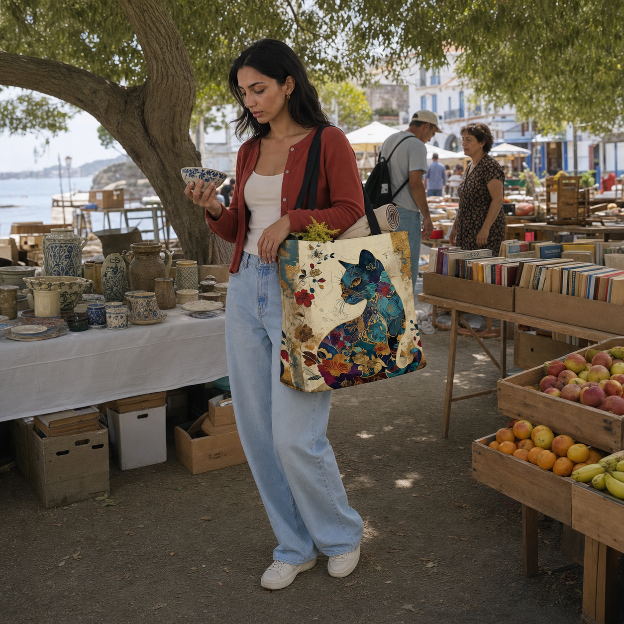 Canvas Structured Woven Floral Print Tote Bag – Cream Everyday Casual Shopper Tote — lifestyle photo
