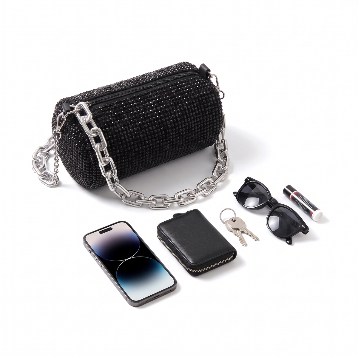 Rhinestone Mesh Chain Crossbody Bag, what fits inside