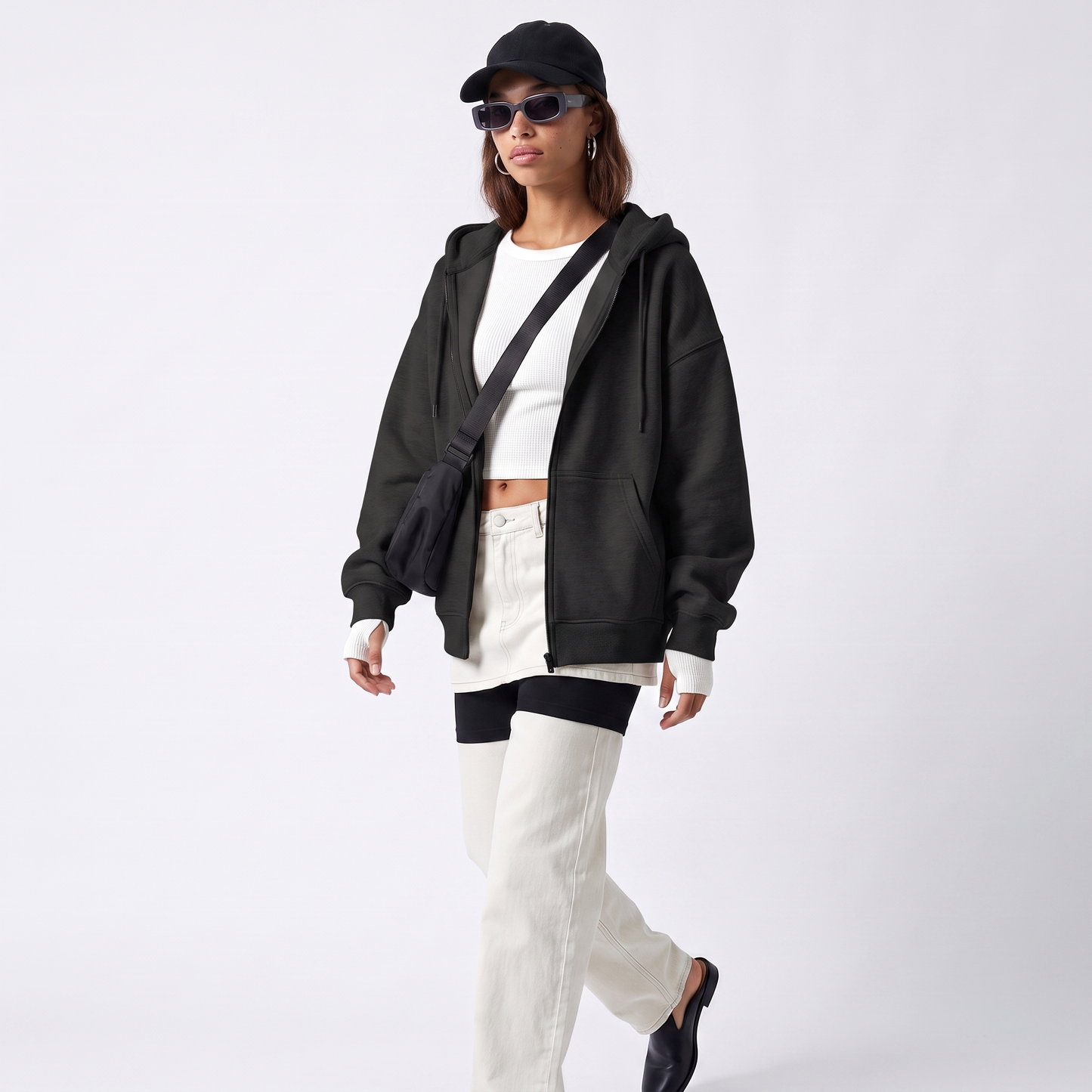 Sunoire ny solid color cardigan hoodie jacket female explosion style fall winter hooded loose top colorway black front hero 01