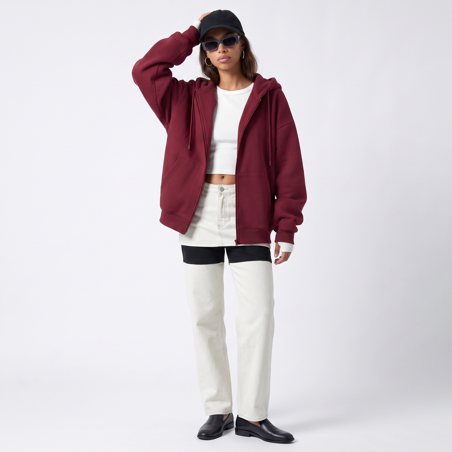 Sunoire ny solid color cardigan hoodie jacket female explosion style fall winter hooded loose top colorway burgundy front hero 01