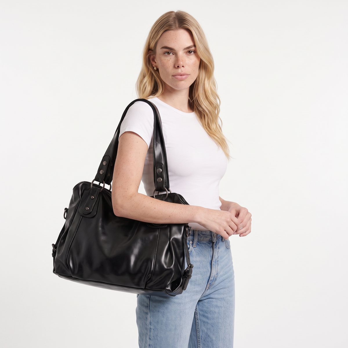Slouchy Faux Leather Hobo Bag, worn by a model