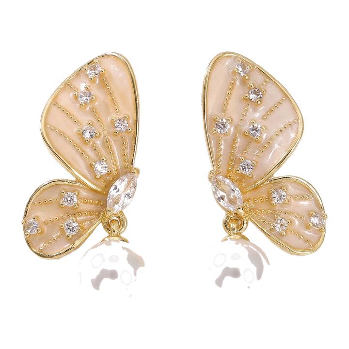 Sunoire elegant trendy gold plated pearl zircon symmetric butterfly earrings for women fashionable drop earrings with brass material 01 flatlay gold