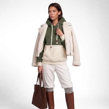Sunoire oem custom contrast color block fleece hoodie women thick warm faux fur sweatshirt oversized teddy sherpa pullover colorway army green front hero 01