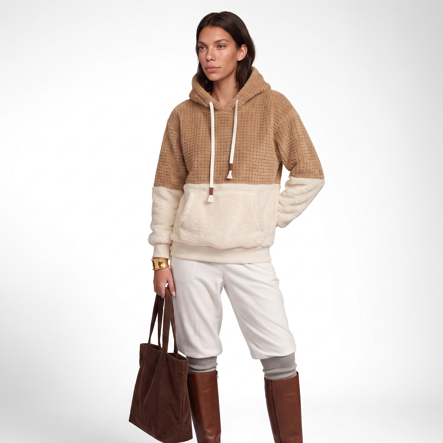 Sunoire oem custom contrast color block fleece hoodie women thick warm faux fur sweatshirt oversized teddy sherpa pullover colorway khaki front hero 01