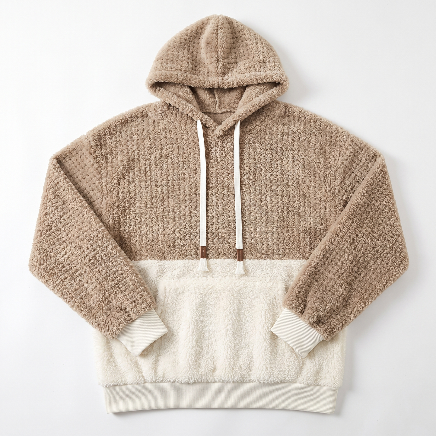 Sunoire oem custom contrast color block fleece hoodie women thick warm faux fur sweatshirt oversized teddy sherpa pullover garment flatlay 01
