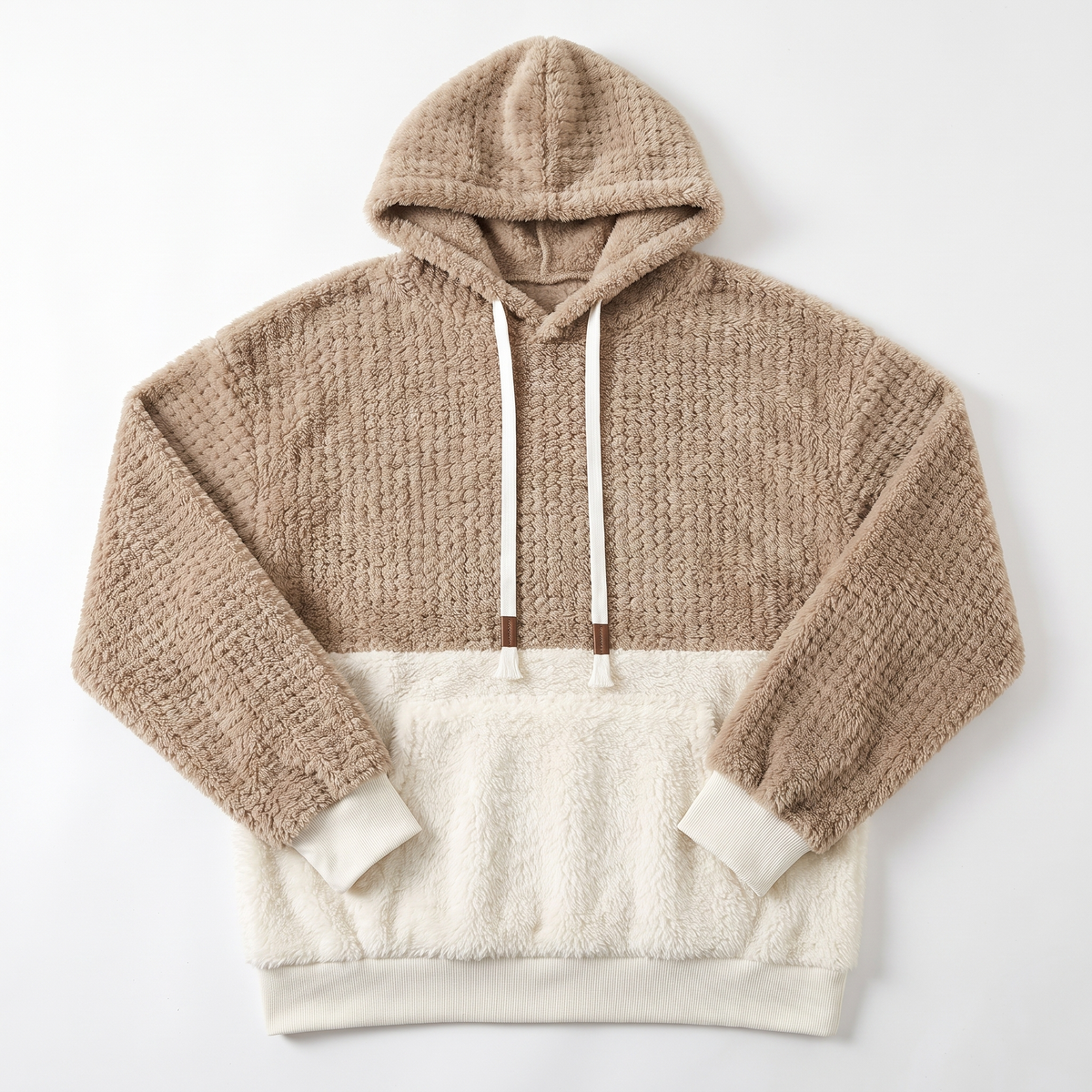Sunoire oem custom contrast color block fleece hoodie women thick warm faux fur sweatshirt oversized teddy sherpa pullover garment flatlay 01