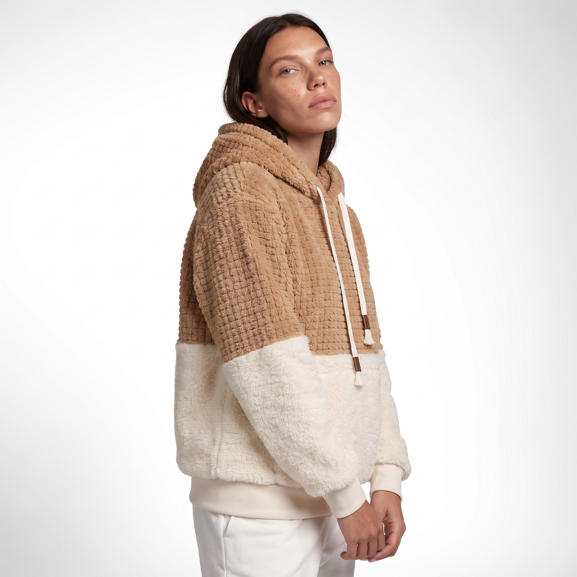 Sunoire oem custom contrast color block fleece hoodie women thick warm faux fur sweatshirt oversized teddy sherpa pullover top crop 3q 01