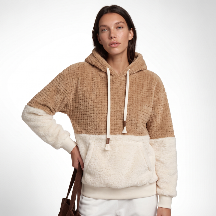 Sunoire oem custom contrast color block fleece hoodie women thick warm faux fur sweatshirt oversized teddy sherpa pullover top front crop 01
