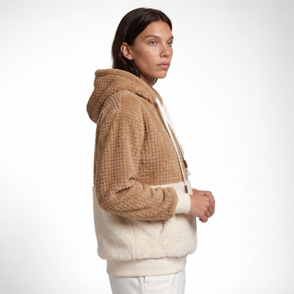 Sunoire oem custom contrast color block fleece hoodie women thick warm faux fur sweatshirt oversized teddy sherpa pullover top side crop 01