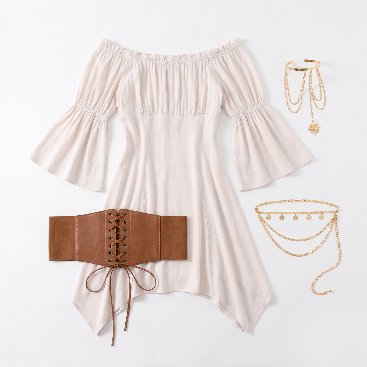 Sunoire off shoulder handkerchief hem belted dress garment flatlay 01