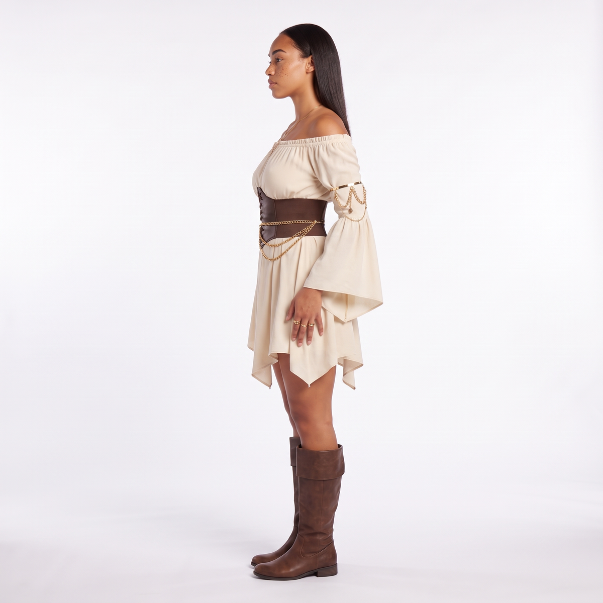 Sunoire off shoulder handkerchief hem belted dress side view 01