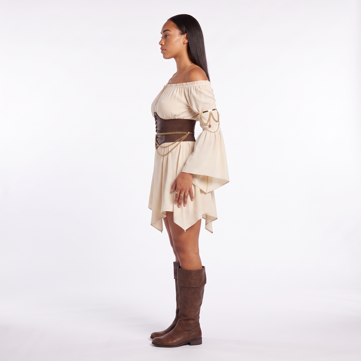 Sunoire off shoulder handkerchief hem belted dress side view 01
