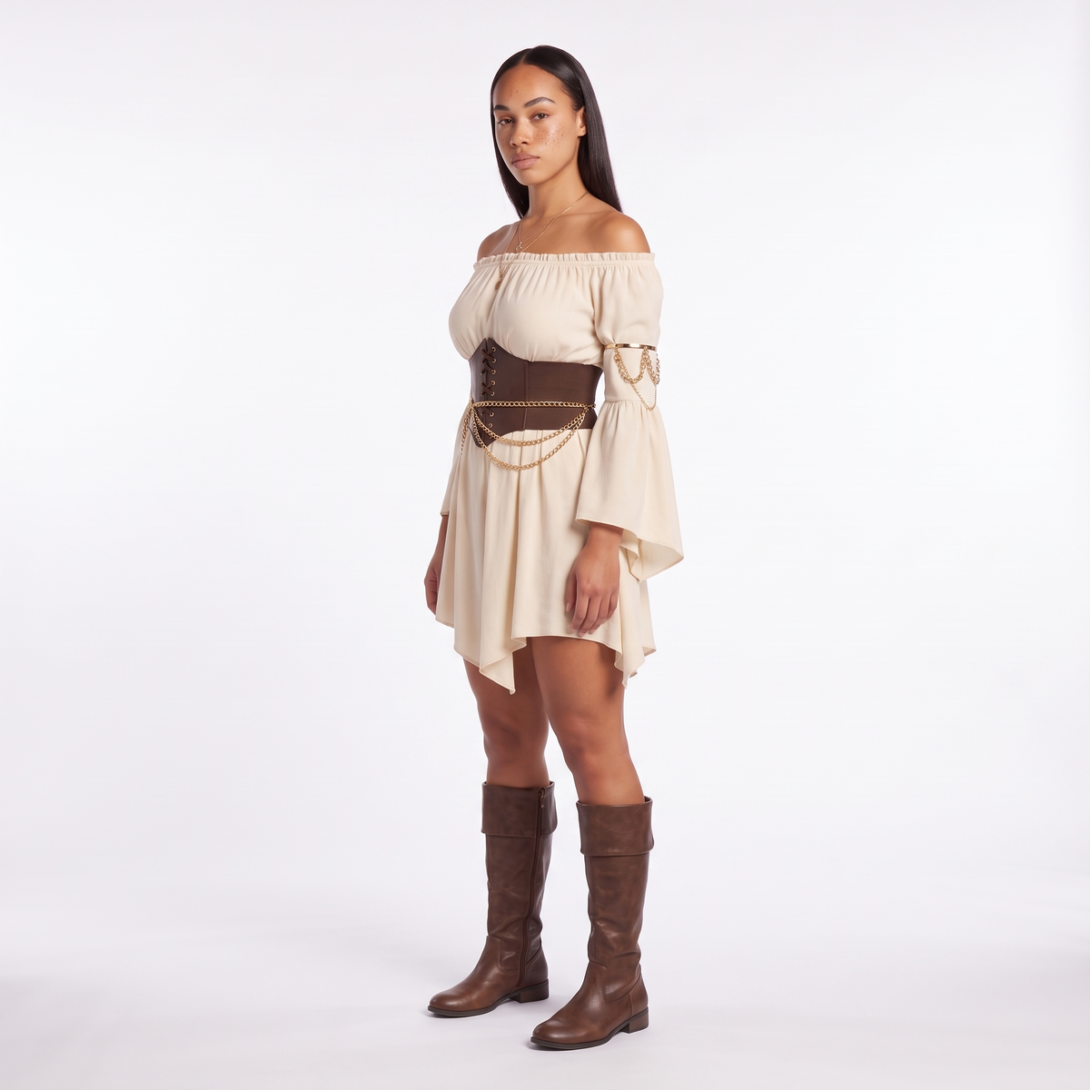 Sunoire off shoulder handkerchief hem belted dress three quarter 01