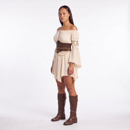 Sunoire off shoulder handkerchief hem belted dress three quarter 01