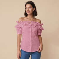 Sunoire off the shoulder short sleeve blouses asymmetrical button ruffles blouses colorway pink front crop 01