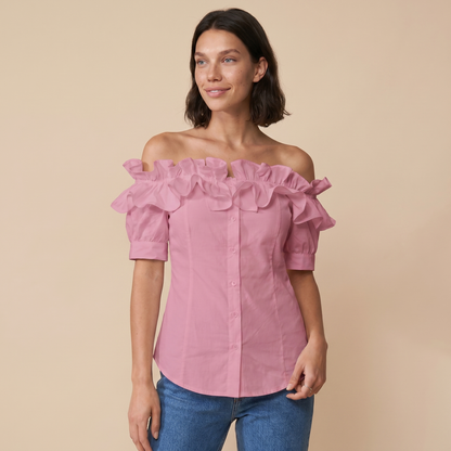 Sunoire off the shoulder short sleeve blouses asymmetrical button ruffles blouses colorway pink front crop 01