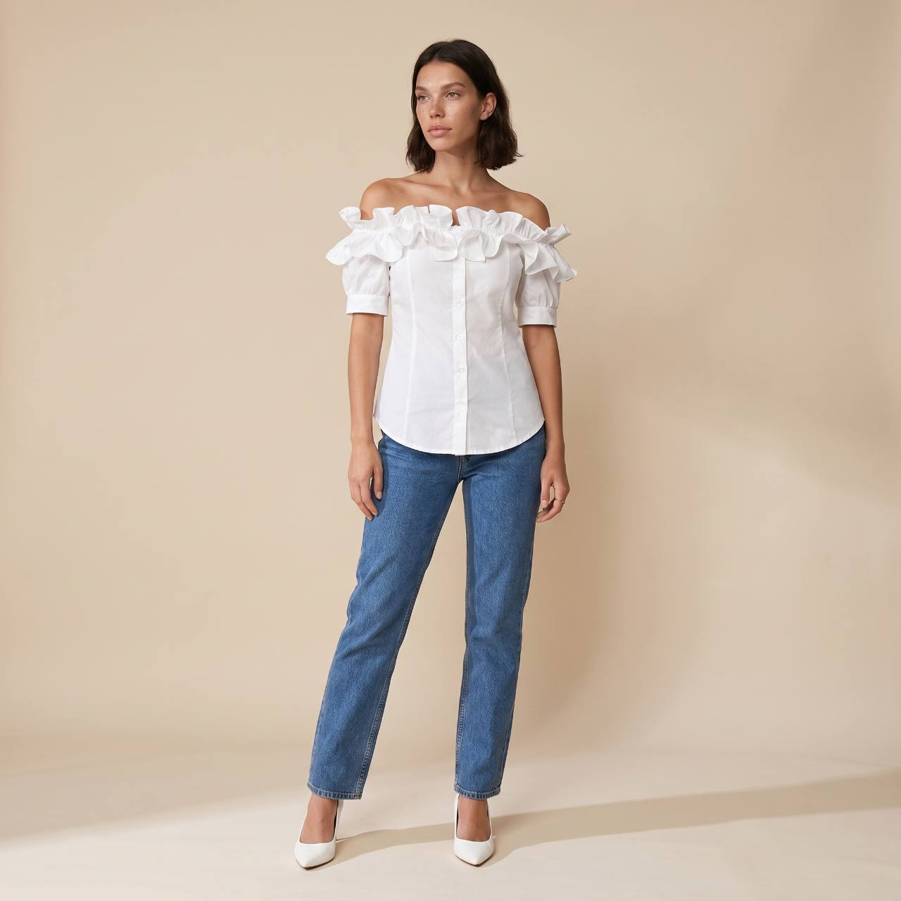 Sunoire off the shoulder short sleeve blouses asymmetrical button ruffles blouses front hero 01
