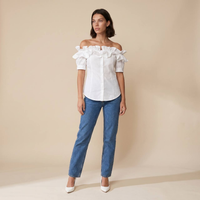 Sunoire off the shoulder short sleeve blouses asymmetrical button ruffles blouses front hero 01