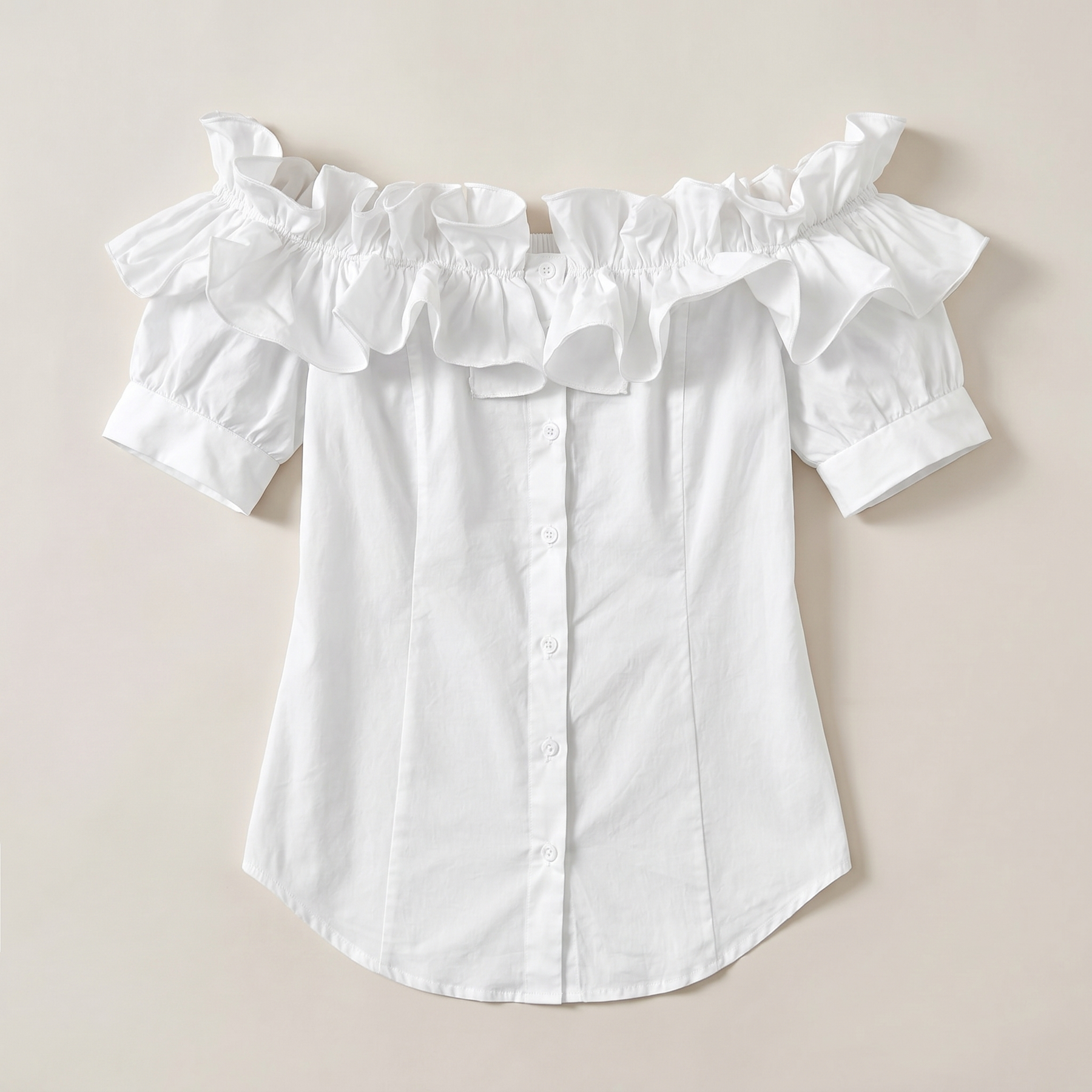Sunoire off the shoulder short sleeve blouses asymmetrical button ruffles blouses garment flatlay 01