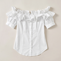 Sunoire off the shoulder short sleeve blouses asymmetrical button ruffles blouses garment flatlay 01