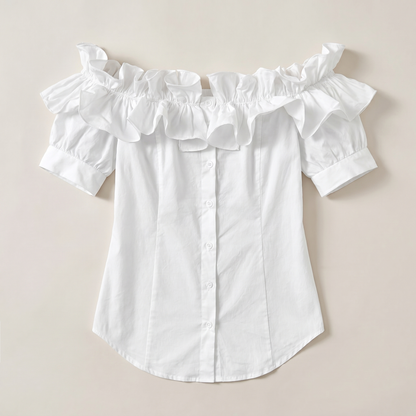 Sunoire off the shoulder short sleeve blouses asymmetrical button ruffles blouses garment flatlay 01