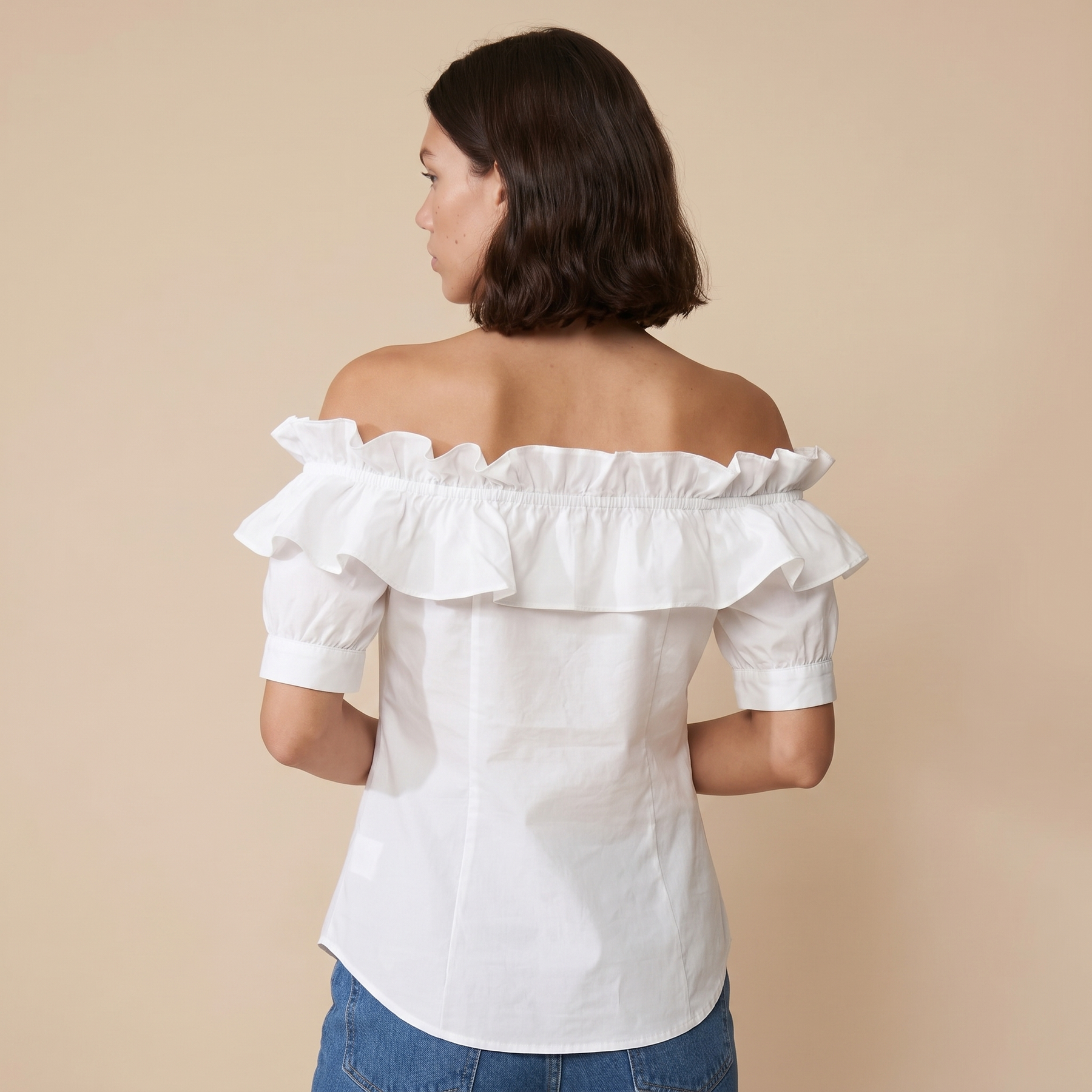 Sunoire off the shoulder short sleeve blouses asymmetrical button ruffles blouses top back crop 01